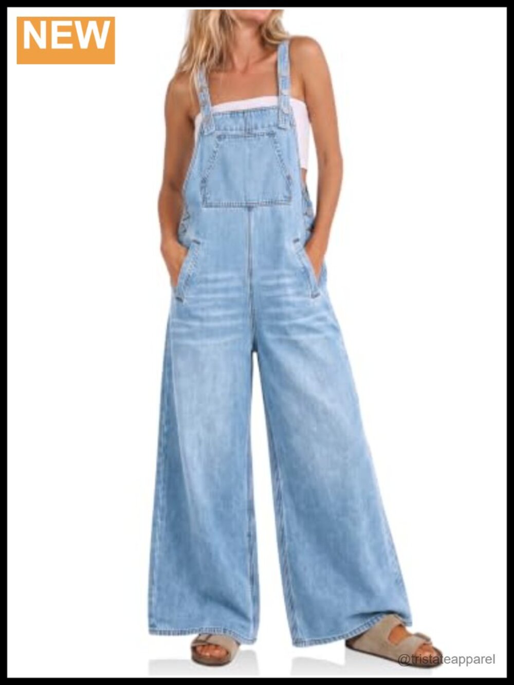 Wide Leg Denim Overalls Adjustable Straps Flared Jean Jumpsuit Cotton Blend
